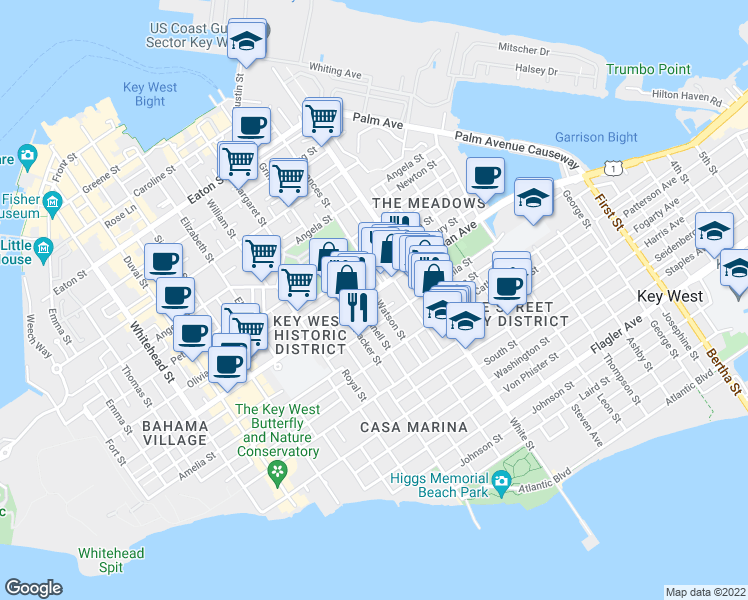 map of restaurants, bars, coffee shops, grocery stores, and more near 1020 Watson Street in Key West
