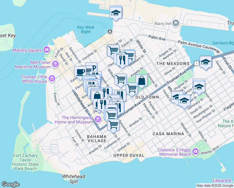 map of restaurants, bars, coffee shops, grocery stores, and more near 710 Galveston Lane in Key West