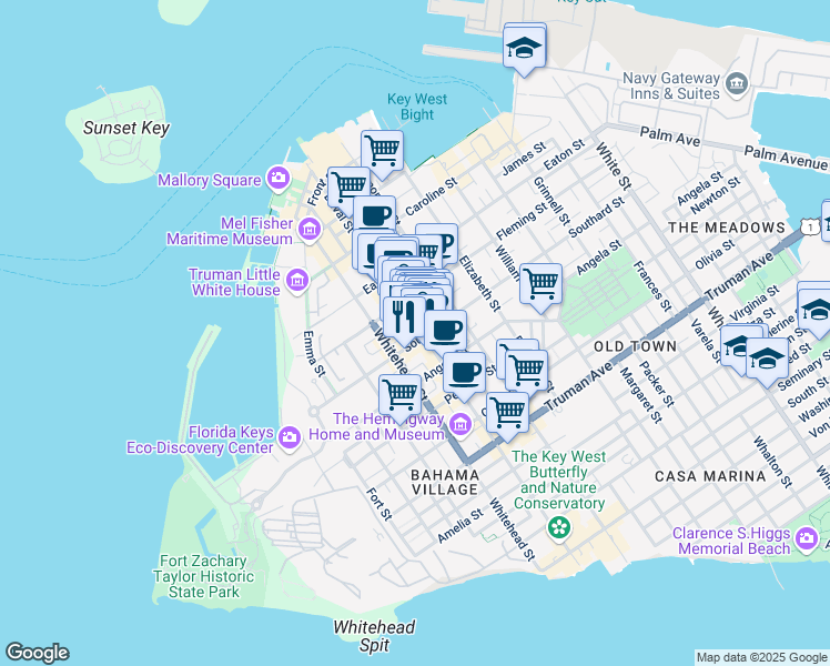 map of restaurants, bars, coffee shops, grocery stores, and more near 526-528 Duval Street in Key West