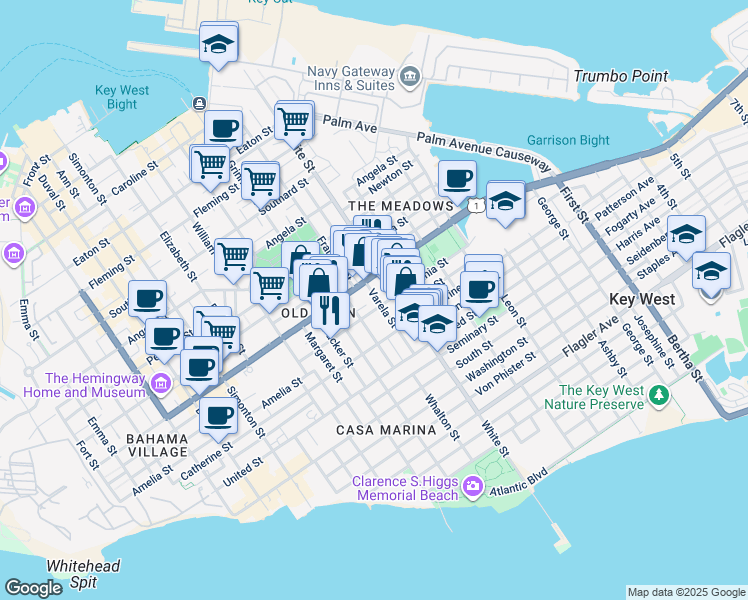 map of restaurants, bars, coffee shops, grocery stores, and more near 1020 Watson Street in Key West