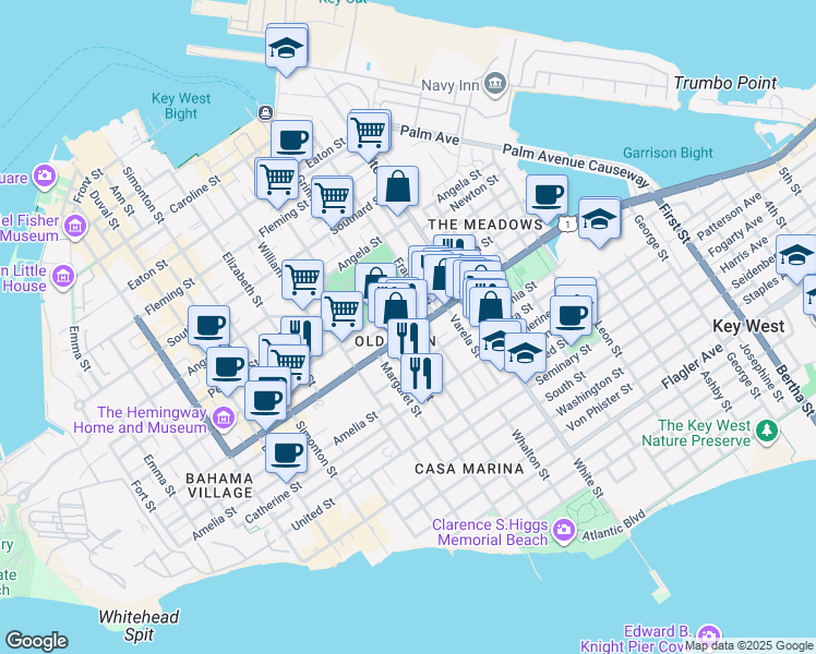map of restaurants, bars, coffee shops, grocery stores, and more near in Key West