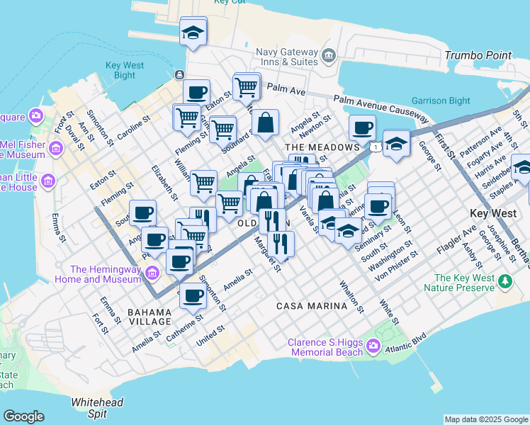 map of restaurants, bars, coffee shops, grocery stores, and more near in Key West