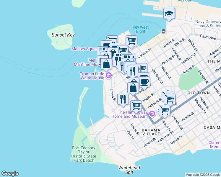 map of restaurants, bars, coffee shops, grocery stores, and more near 105 Front Street in Key West