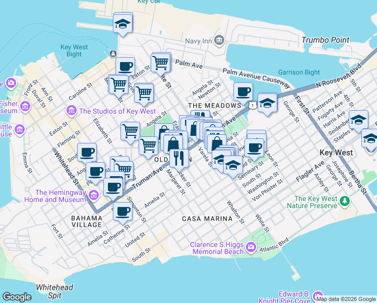 map of restaurants, bars, coffee shops, grocery stores, and more near 1020 Watson Street in Key West