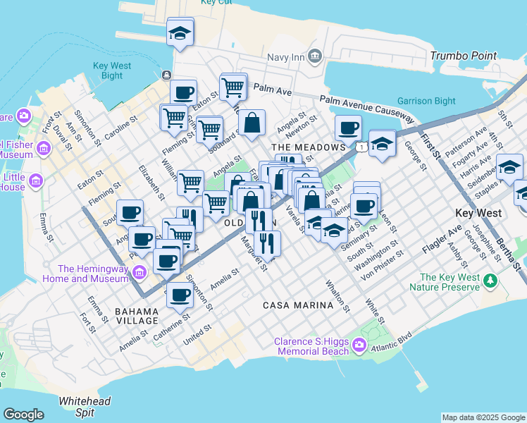 map of restaurants, bars, coffee shops, grocery stores, and more near in Key West