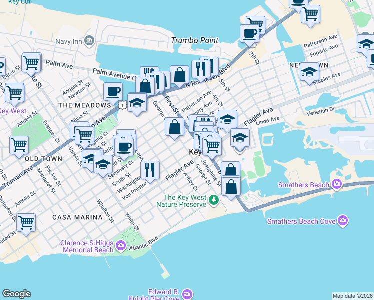 map of restaurants, bars, coffee shops, grocery stores, and more near in Key West