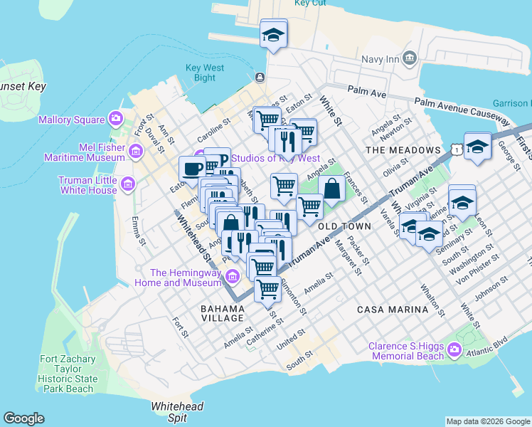 map of restaurants, bars, coffee shops, grocery stores, and more near 710 Galveston Lane in Key West
