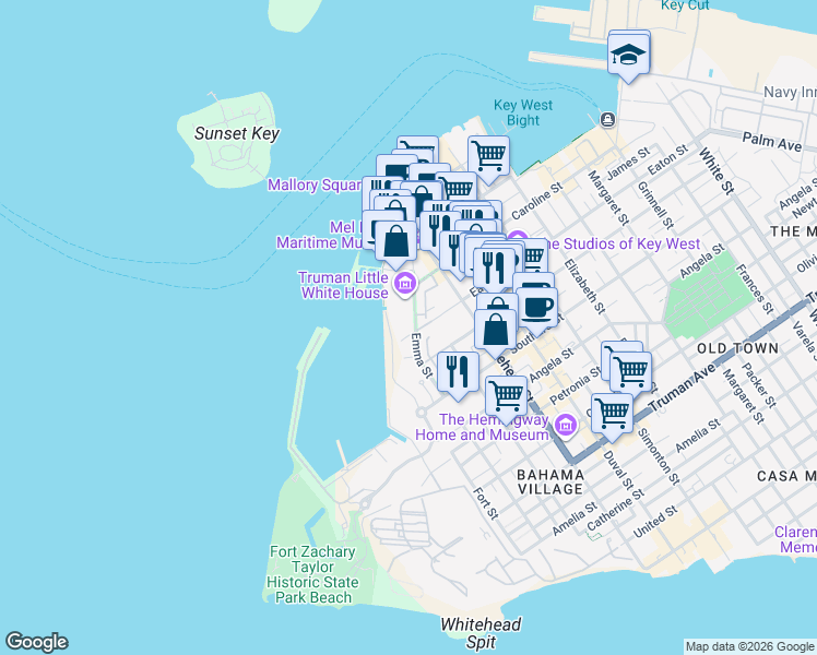map of restaurants, bars, coffee shops, grocery stores, and more near 105 Front Street in Key West