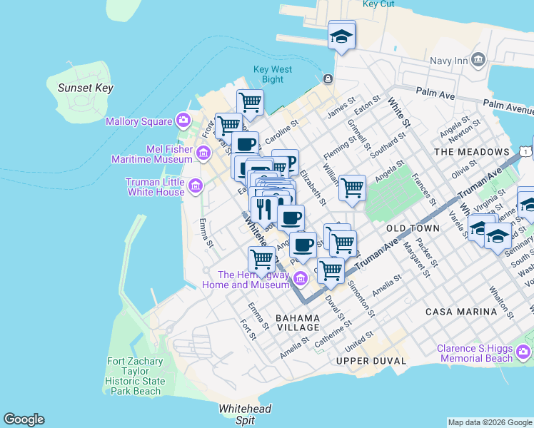 map of restaurants, bars, coffee shops, grocery stores, and more near 526-528 Duval Street in Key West