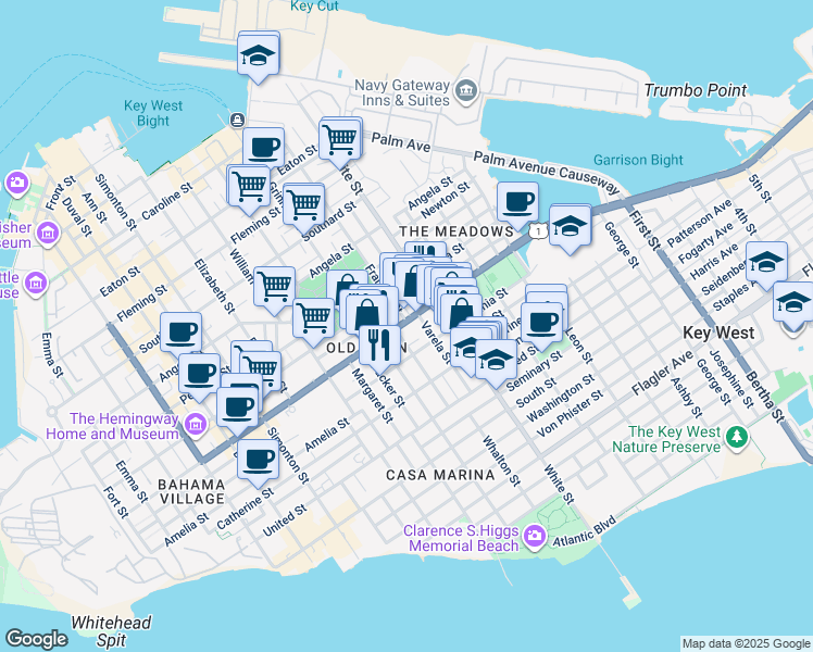 map of restaurants, bars, coffee shops, grocery stores, and more near 1020 Watson Street in Key West