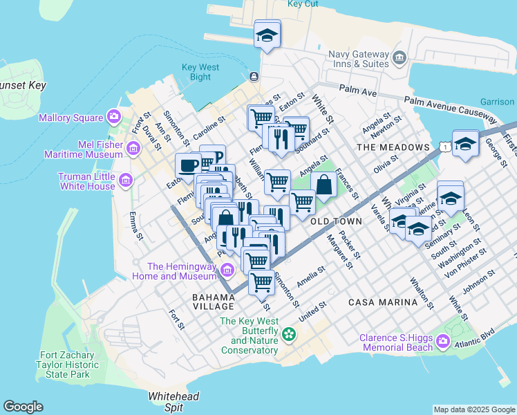 map of restaurants, bars, coffee shops, grocery stores, and more near 710 Galveston Lane in Key West