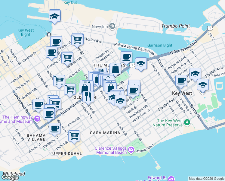 map of restaurants, bars, coffee shops, grocery stores, and more near 1102 White Street in Key West