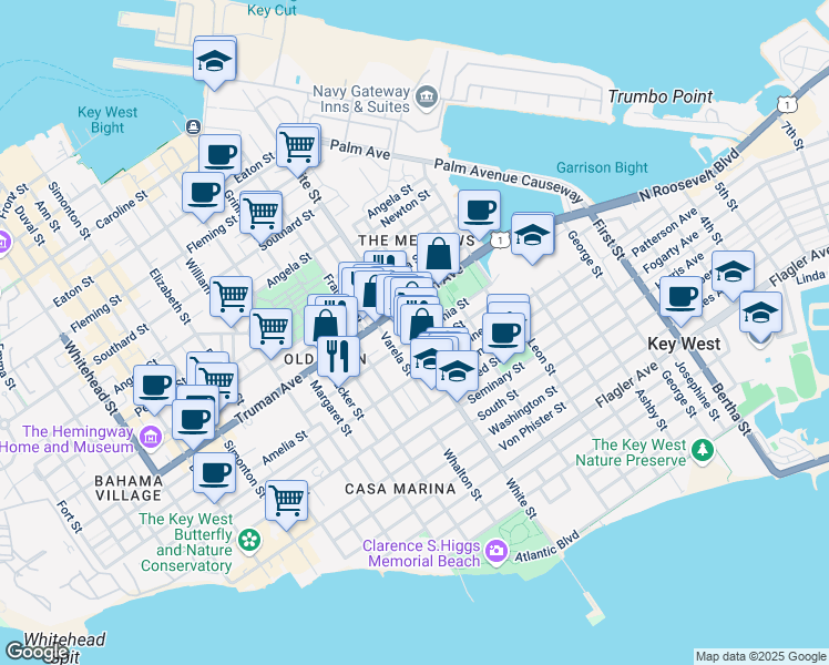 map of restaurants, bars, coffee shops, grocery stores, and more near 1102 White Street in Key West