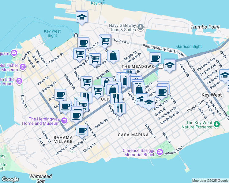 map of restaurants, bars, coffee shops, grocery stores, and more near in Key West
