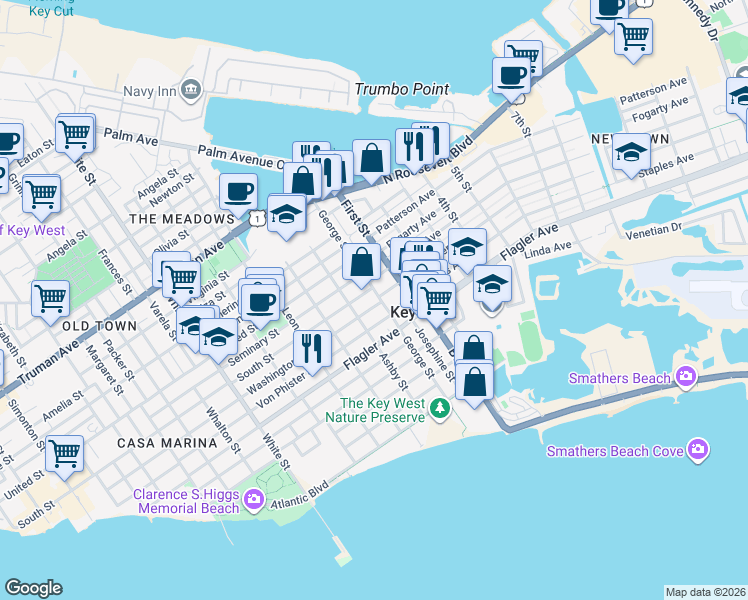 map of restaurants, bars, coffee shops, grocery stores, and more near in Key West