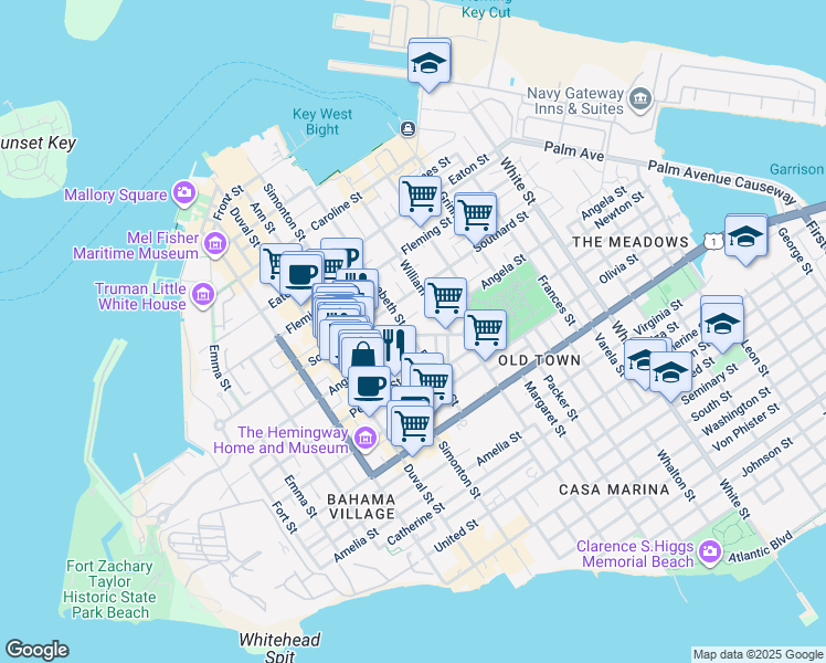 map of restaurants, bars, coffee shops, grocery stores, and more near 618 Angela Street in Key West