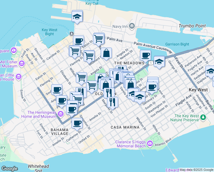 map of restaurants, bars, coffee shops, grocery stores, and more near 1001 Grinnell Street in Key West