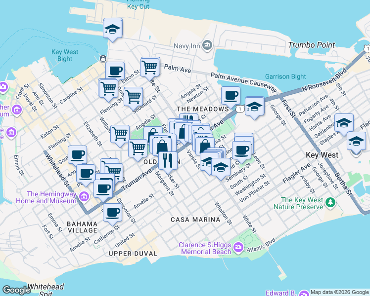 map of restaurants, bars, coffee shops, grocery stores, and more near 1020 Watson Street in Key West