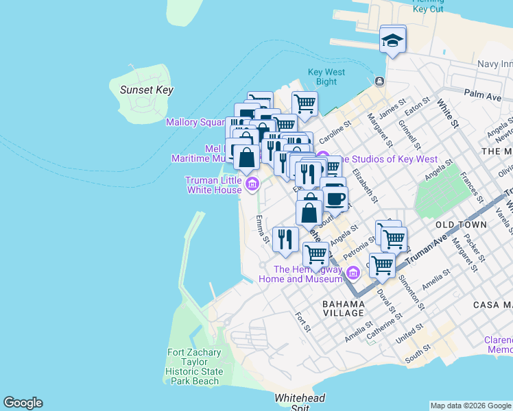 map of restaurants, bars, coffee shops, grocery stores, and more near 105 Front Street in Key West