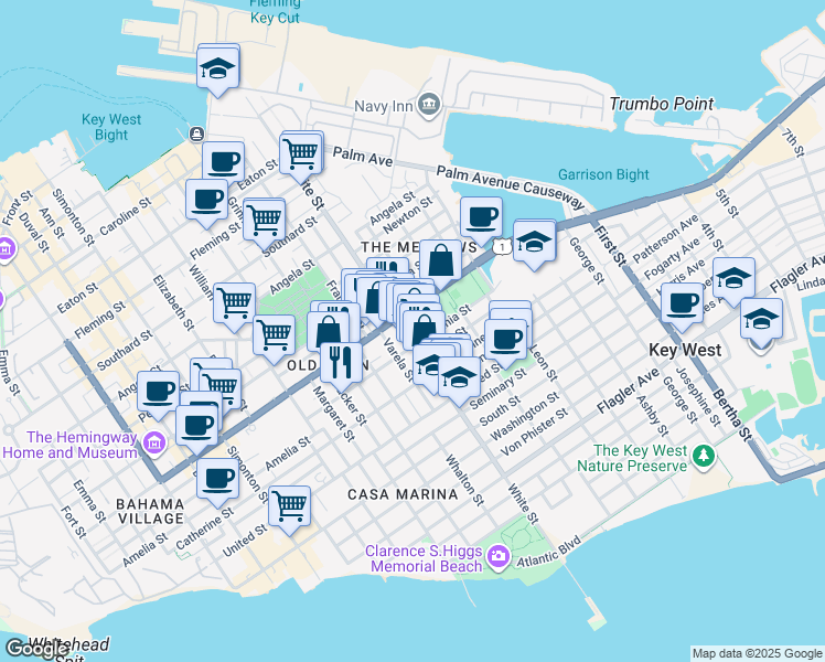 map of restaurants, bars, coffee shops, grocery stores, and more near 1102 White Street in Key West