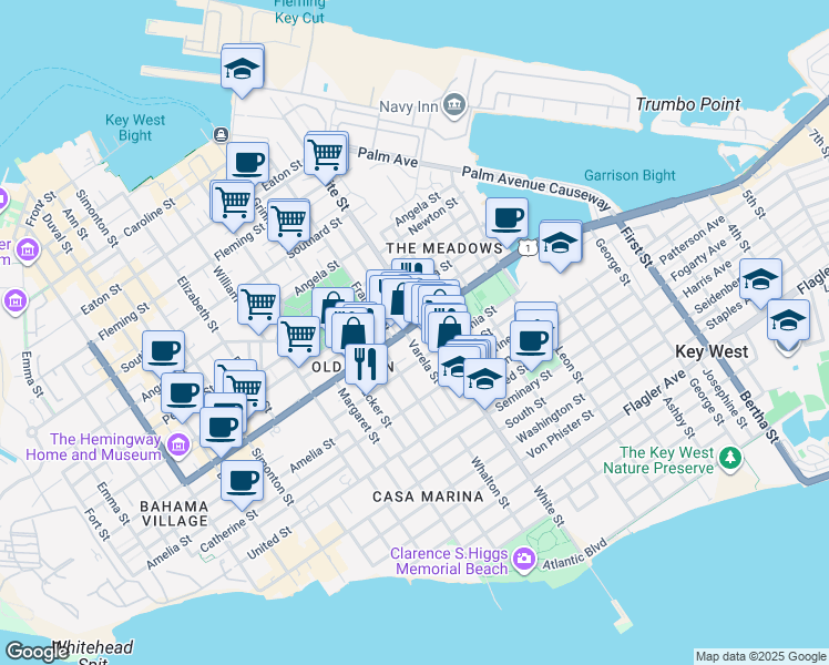 map of restaurants, bars, coffee shops, grocery stores, and more near 1020 Watson Street in Key West