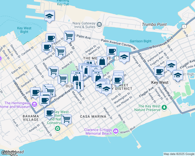 map of restaurants, bars, coffee shops, grocery stores, and more near 1209 Virginia Street in Key West