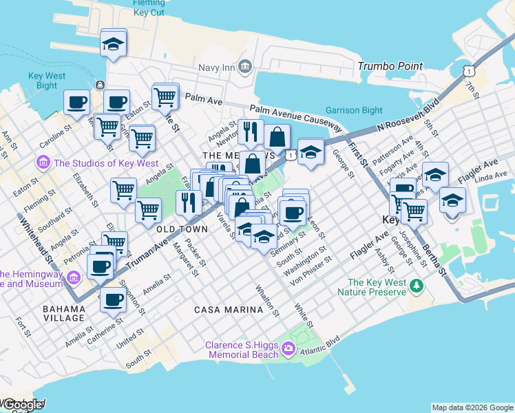 map of restaurants, bars, coffee shops, grocery stores, and more near 1320 Truman Avenue in Key West