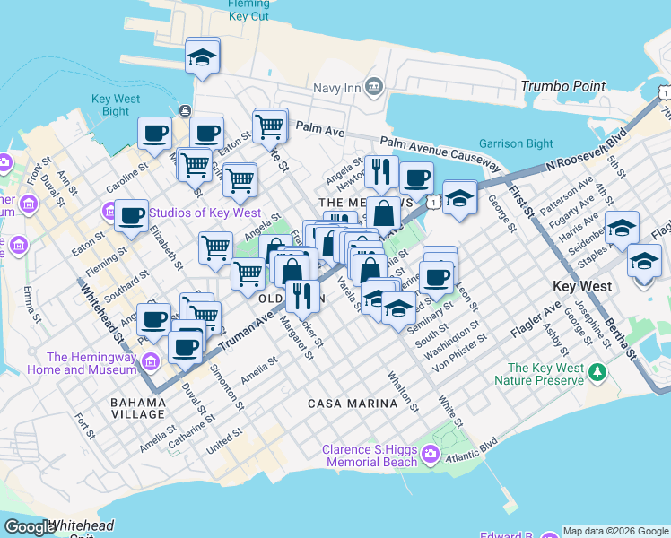 map of restaurants, bars, coffee shops, grocery stores, and more near 9 Gerome Avenue in Key West