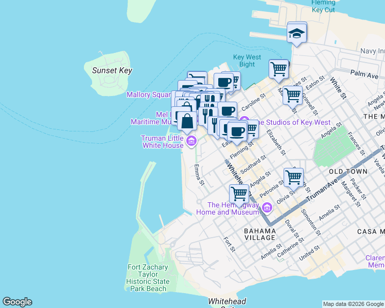 map of restaurants, bars, coffee shops, grocery stores, and more near in Key West