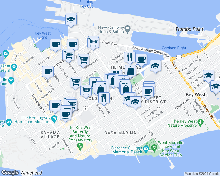 map of restaurants, bars, coffee shops, grocery stores, and more near 917 Frances Street in Key West