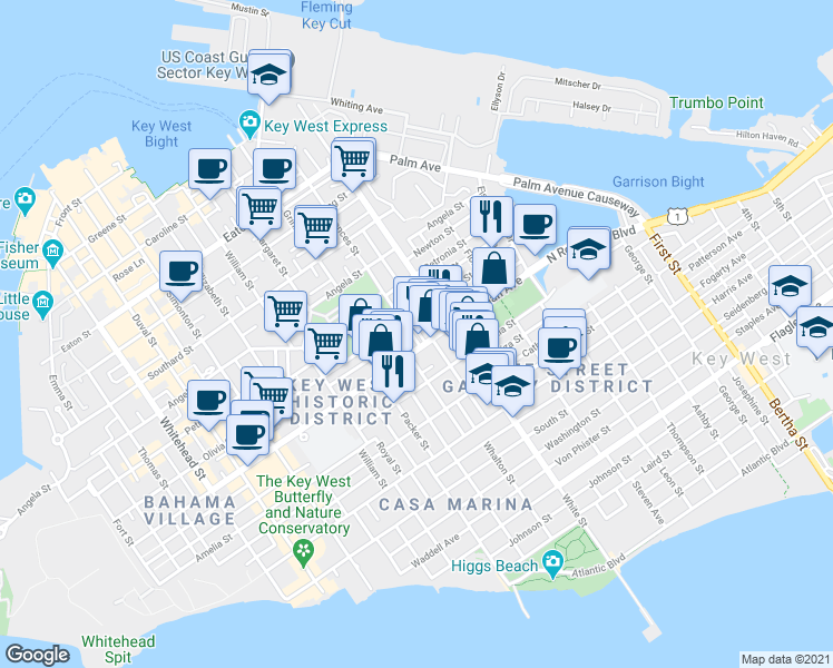 map of restaurants, bars, coffee shops, grocery stores, and more near 9 Gerome Avenue in Key West