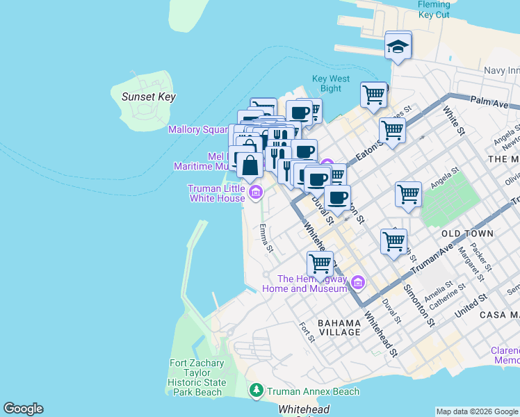 map of restaurants, bars, coffee shops, grocery stores, and more near in Key West