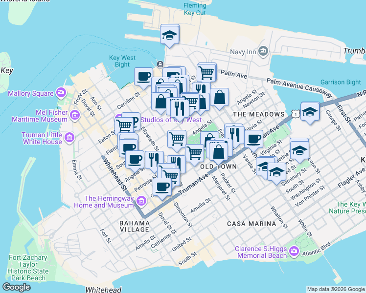 map of restaurants, bars, coffee shops, grocery stores, and more near 726-1/2 Passover Lane in Key West