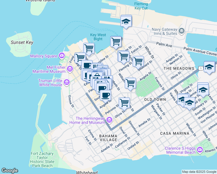 map of restaurants, bars, coffee shops, grocery stores, and more near 517 Simonton Street in Key West