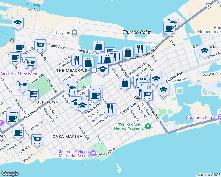 map of restaurants, bars, coffee shops, grocery stores, and more near 1615 United Street in Key West