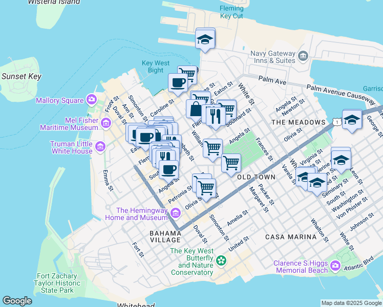 map of restaurants, bars, coffee shops, grocery stores, and more near 701 Southard Street in Key West