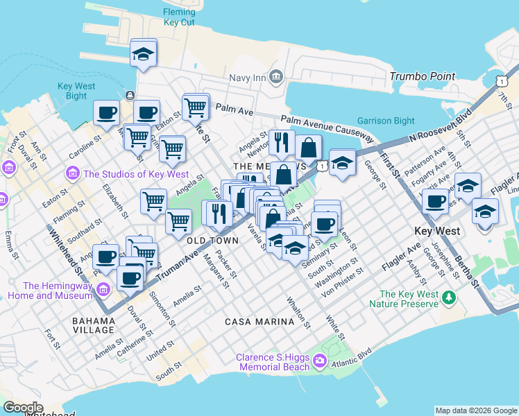 map of restaurants, bars, coffee shops, grocery stores, and more near 1200 U.S. 1 in Key West