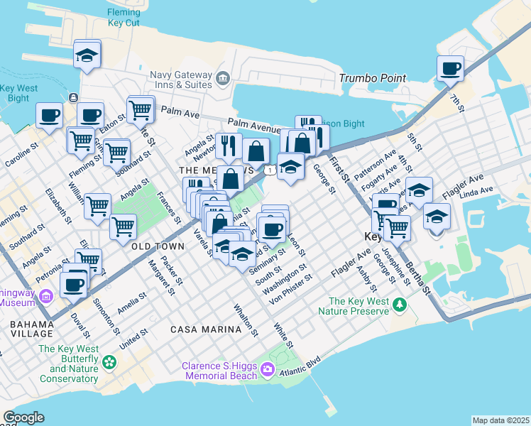 map of restaurants, bars, coffee shops, grocery stores, and more near 1108 Pearl Street in Key West