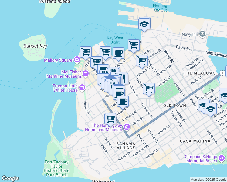 map of restaurants, bars, coffee shops, grocery stores, and more near 513 Fleming Street in Key West