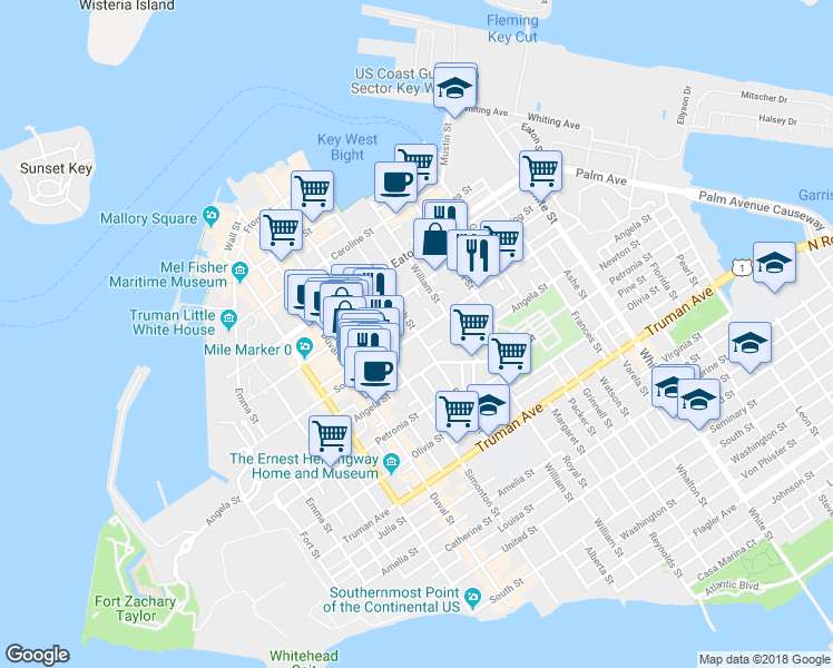 map of restaurants, bars, coffee shops, grocery stores, and more near Southard Street in Key West