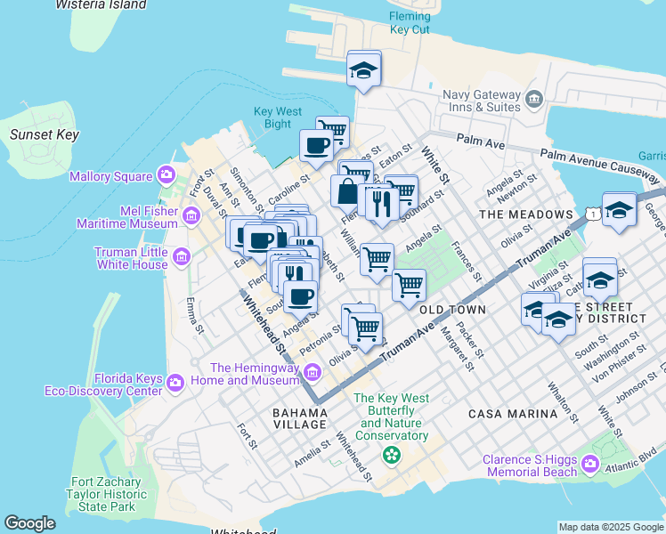 map of restaurants, bars, coffee shops, grocery stores, and more near Southard Street in Key West
