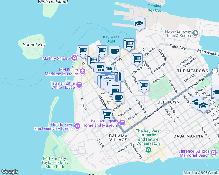 map of restaurants, bars, coffee shops, grocery stores, and more near 513 Fleming Street in Key West