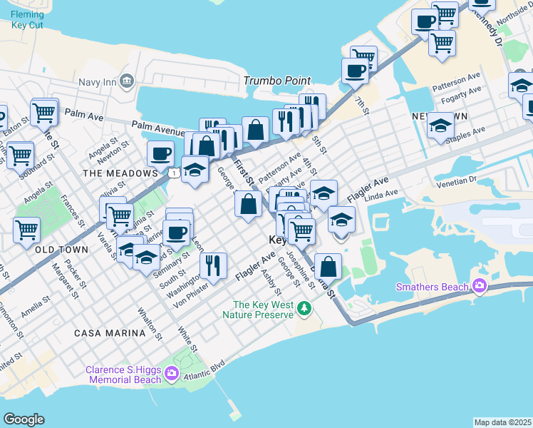 map of restaurants, bars, coffee shops, grocery stores, and more near 1818 Harris Avenue in Key West