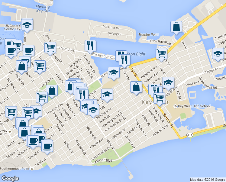 map of restaurants, bars, coffee shops, grocery stores, and more near 1520 Catherine Street in Key West