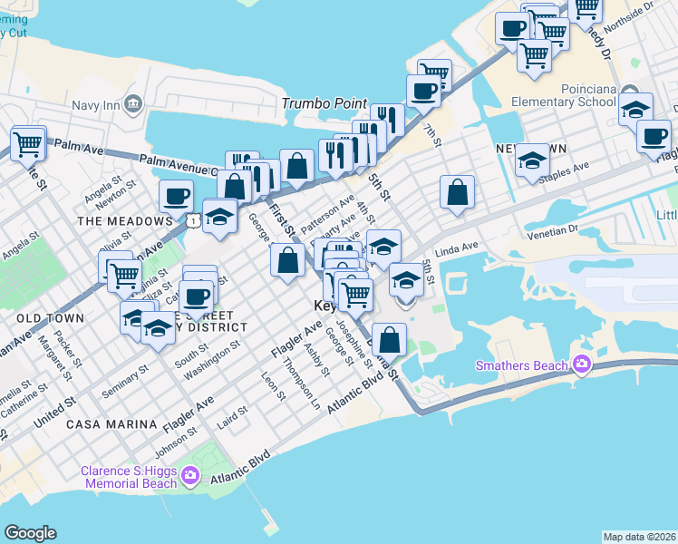 map of restaurants, bars, coffee shops, grocery stores, and more near 1922 Seidenberg Avenue in Key West