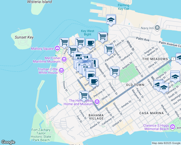 map of restaurants, bars, coffee shops, grocery stores, and more near 513 Fleming Street in Key West
