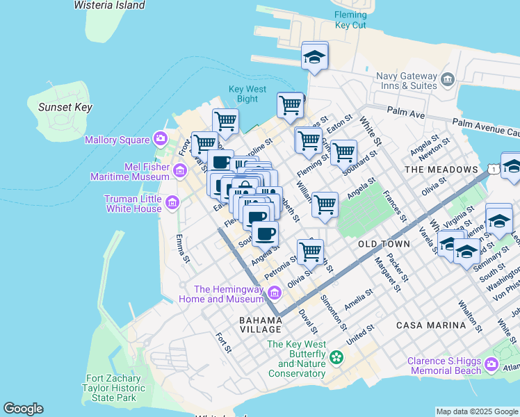 map of restaurants, bars, coffee shops, grocery stores, and more near 517 Simonton Street in Key West