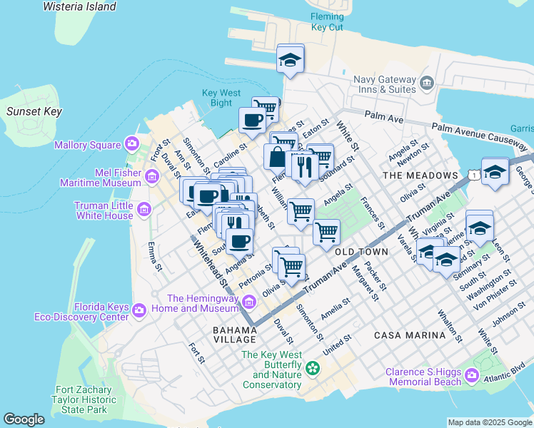 map of restaurants, bars, coffee shops, grocery stores, and more near 701 Southard Street in Key West