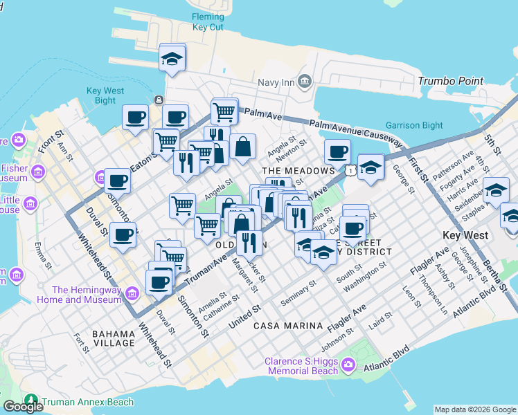 map of restaurants, bars, coffee shops, grocery stores, and more near 821 Frances Street in Key West