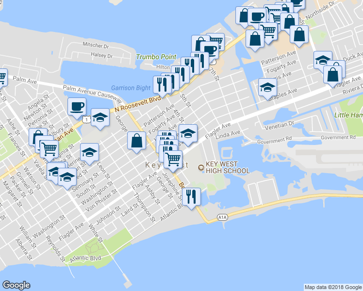 map of restaurants, bars, coffee shops, grocery stores, and more near 2022 Staples Avenue in Key West